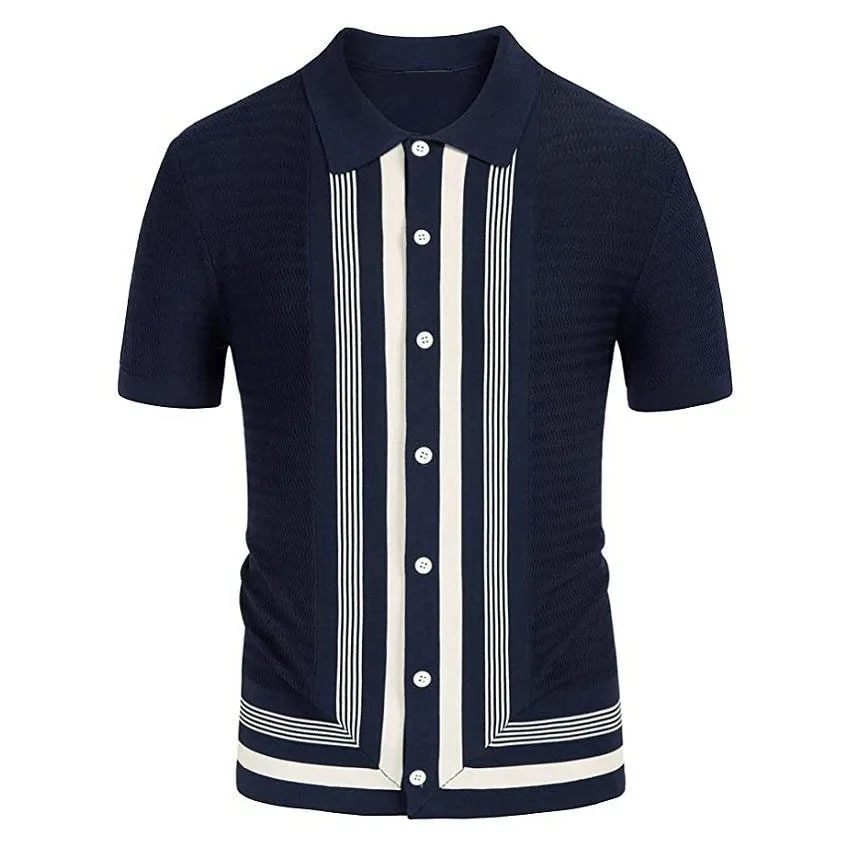 

Men's Striped Vintage Knit Polo Long and Short Sleeves Button Up