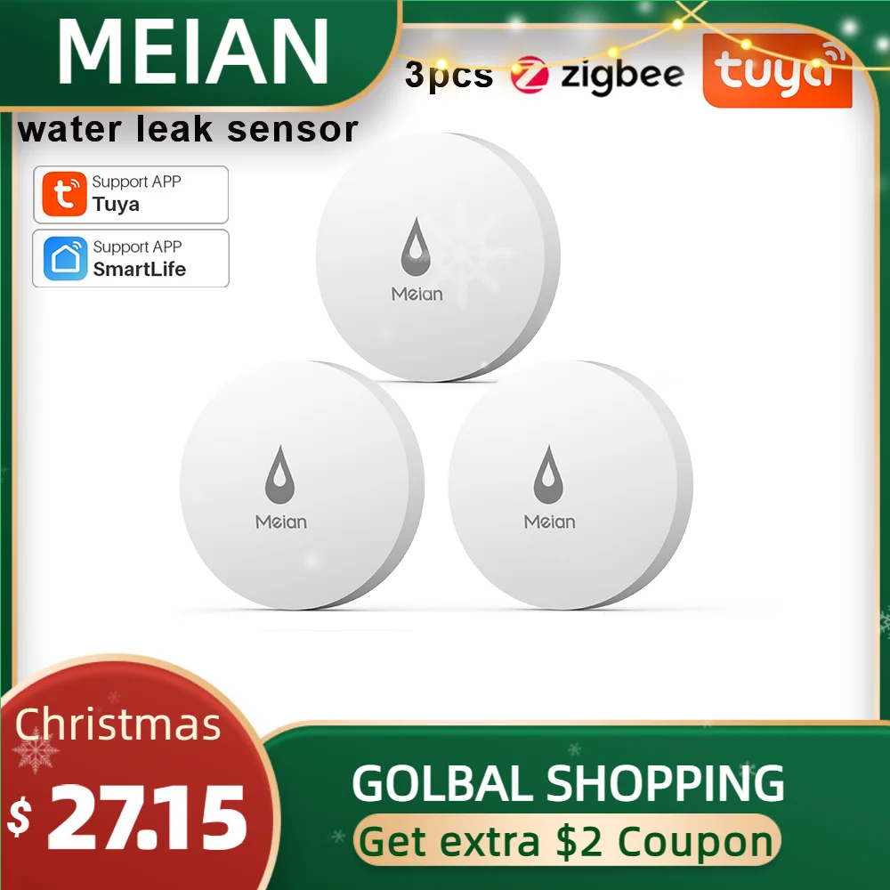 MEIAN Tuya Zigbee Water Leak Sensor 3PCS Detector Smart Life APP Water Leakage Monitoring Flood Sensor Smart Home Security Alarm