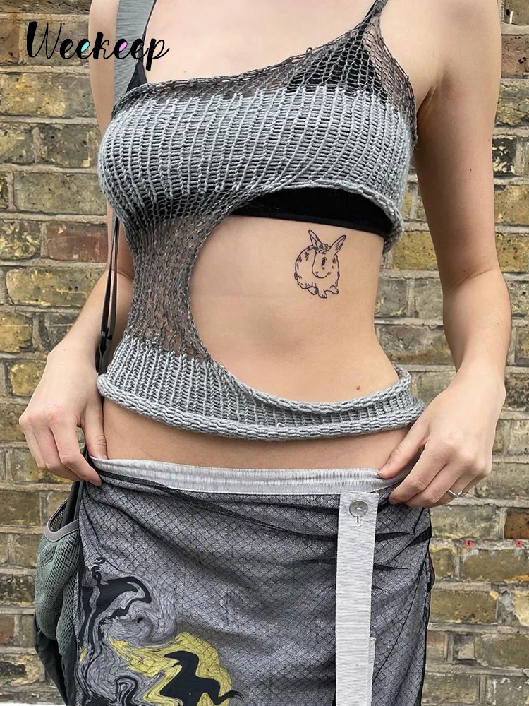 

Weekeep y2k Открытый свитер жилет с открытыми плечами сексуальные топы 2022 Лето Harajuku уличная одежда Повседневная футболка для женщин футболка