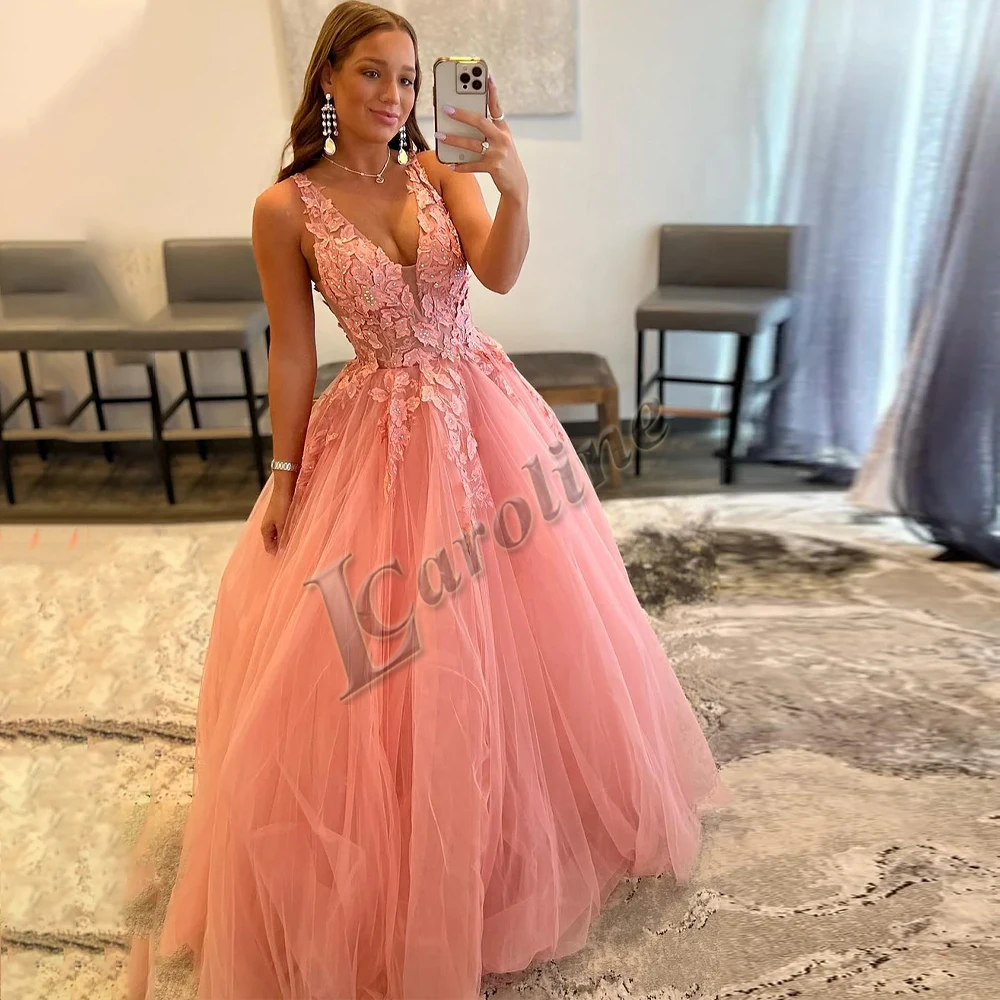 

Caroline Trendy Tulle V-Neck Evening Party For Women Appliques Gowns Illusion Sleeveless A-Line Custom Made Vestido De Fiesta