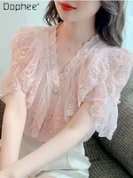 fairy embroidered ruffle chiffon shirt woman 2022 summer new sweet womens loose short flying sleeves v neck pink lace tops