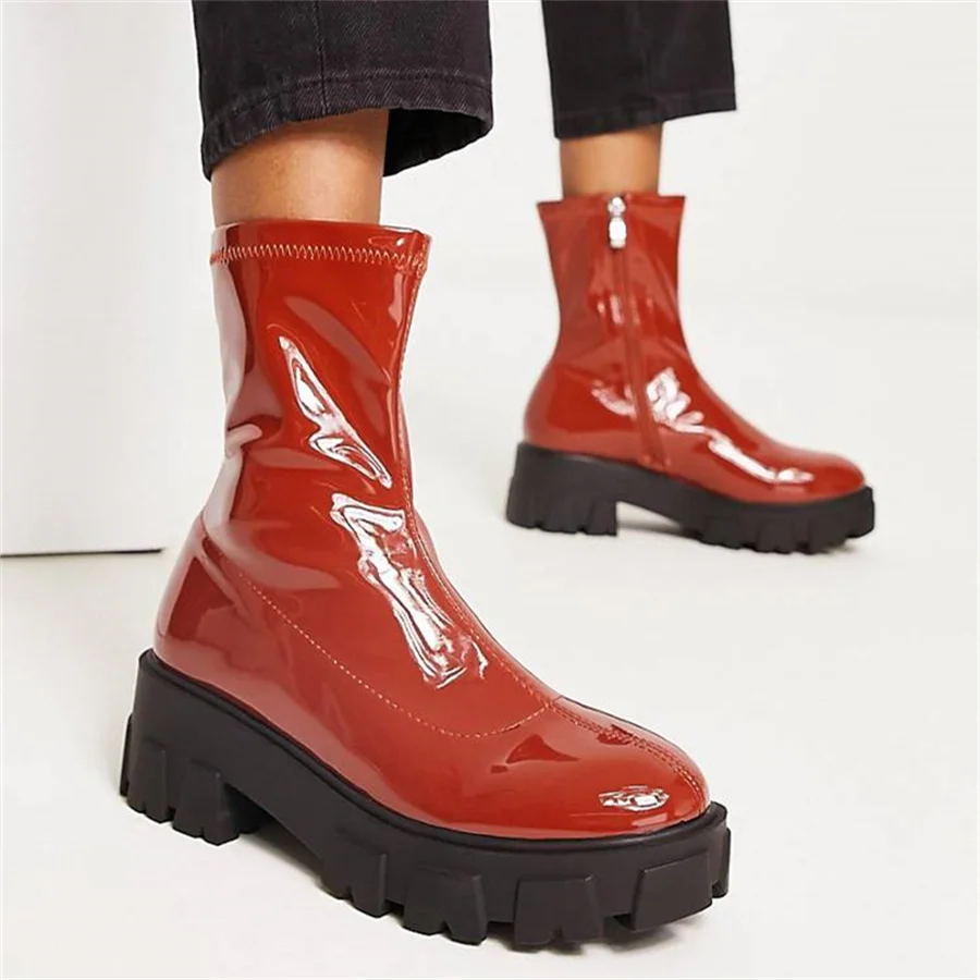 

Ankle Women Boots 2023 Winter Comfortable Platform Female Bright Lacquer Round Head Casual Low Tube Lady Shoes Dropshopping
