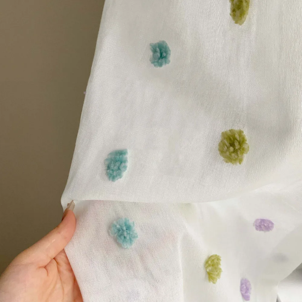 

Korean Cute Macaron Plush Ball Embroidered Tulle Curtain For Living Room Bedroom Simple Cartoon Sheer Drapes For Children's Room