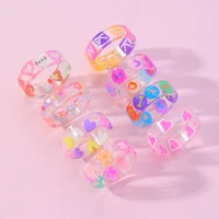new cute geometric transparent resin acrylic colorful letters heart star round ring for women girls travel party jewelry gifts