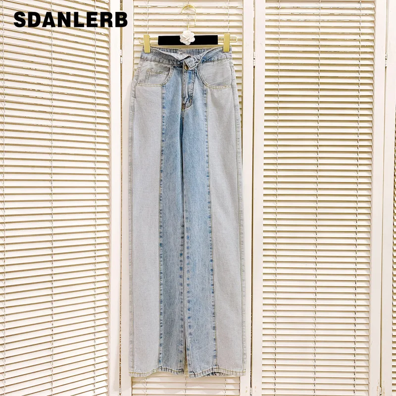 

2021 Early Autumn Retro Patchwork Contrast Color Jeans High Waist Straight Loose Wide Leg Denim Trousers Women's Fashion Pants