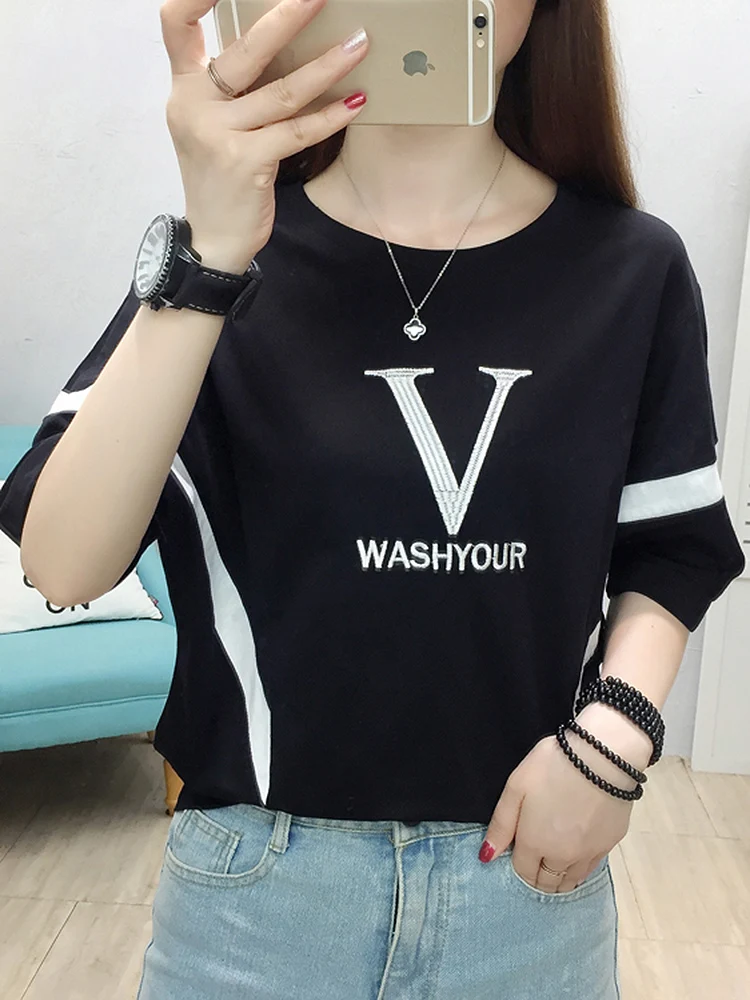 BOBOKATEER Fashion Letter Embroidery Tshirts Women 2023 White Cotton T Shirt Casual Black Tee Shirt Femme Short Sleeve Clothes images - 6