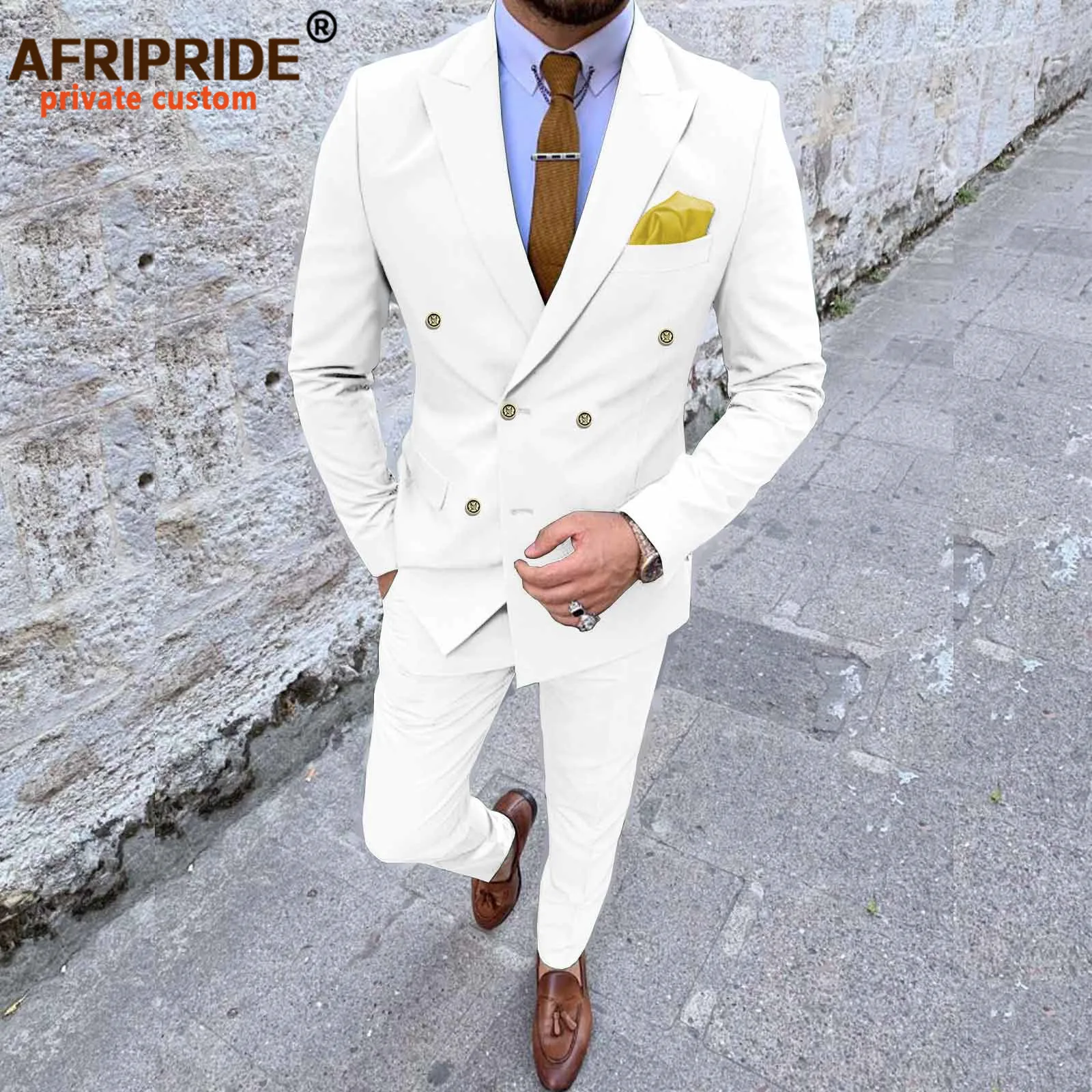 African Suit for Men Double Breasted Slim Fit Jacket with Kerchief and Pants 2 Piece Set African Clothing for Wedding A2216023
