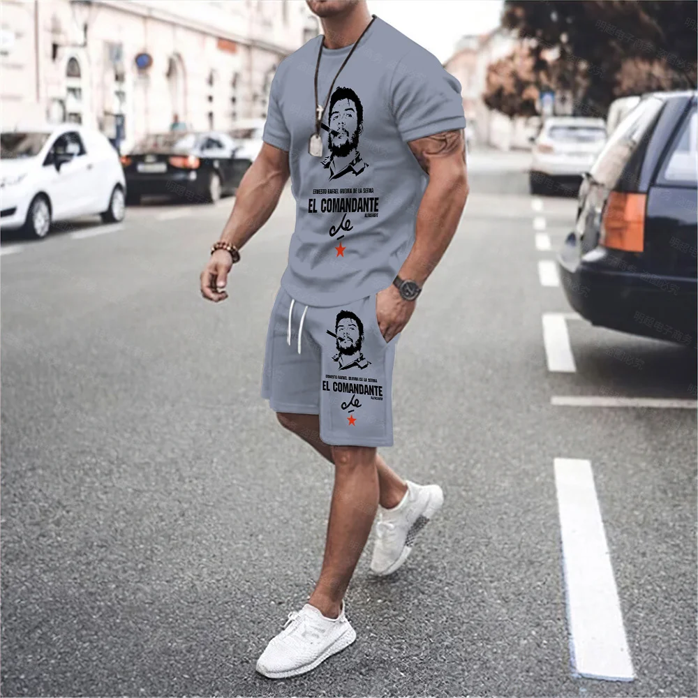 Men's Smoking Personality Cool Print Hip-Hop Casual O-Neck Short-Sleeved T-Shirt Shorts Fashion Retro Wild Two-Piece Suit 6XL