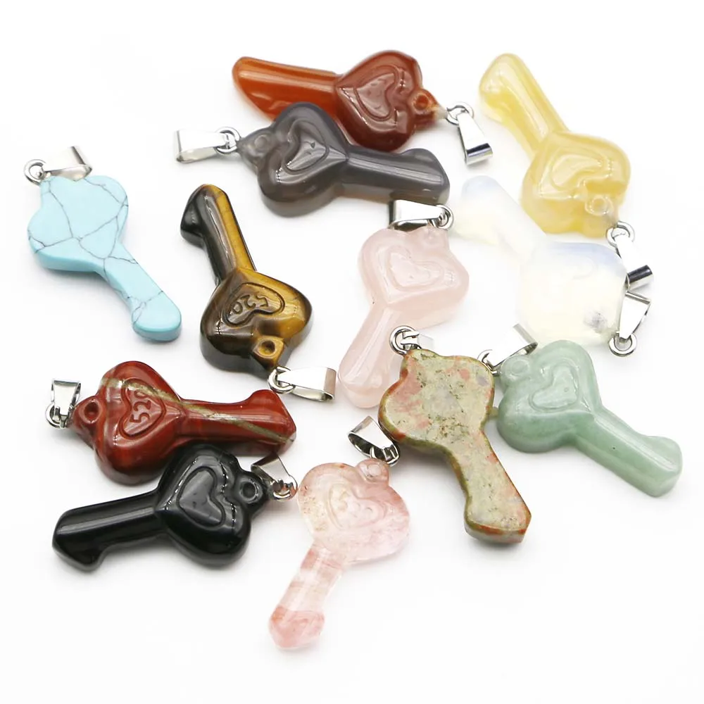 Natural Stone Crystal Agate 520 Love Heart Keychain Pendant Necklace Healing Charms DIY Jewelry Accessories  Gift Wholesale 8Pcs
