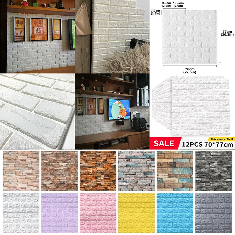 

12Pcs Self Adhesive Panel Wall Stickers Foam Peel and Stick 3D Wallpaper Living Room Bedroom Kids Room Brick Papers Home Decor