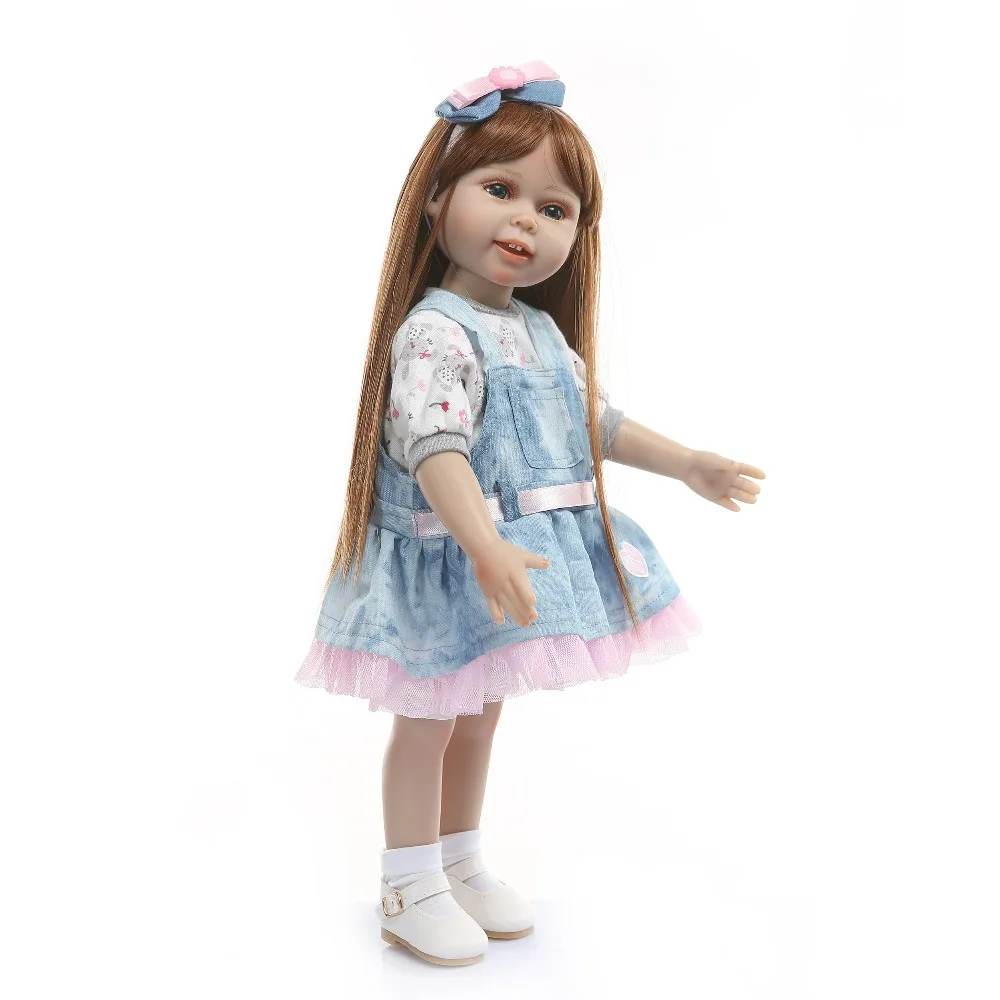 

45CM Full Body Silicone Reborn Doll Toddler Newborn Girl Doll Lifelike Sof Touch with Brown Long Wig Hair Toys for Girls