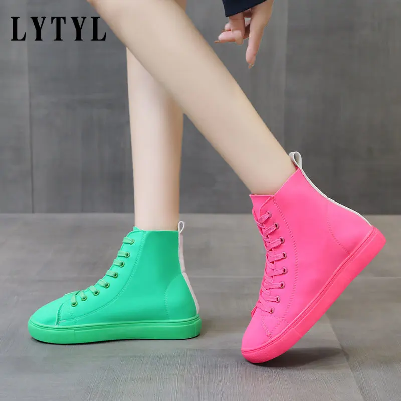 

Spring Autumn High Top Lycra Stretch Cloth Mandarin Duck New Green Flat Casual Women's Shoes Rose Red Lace-up Shoes A2-05