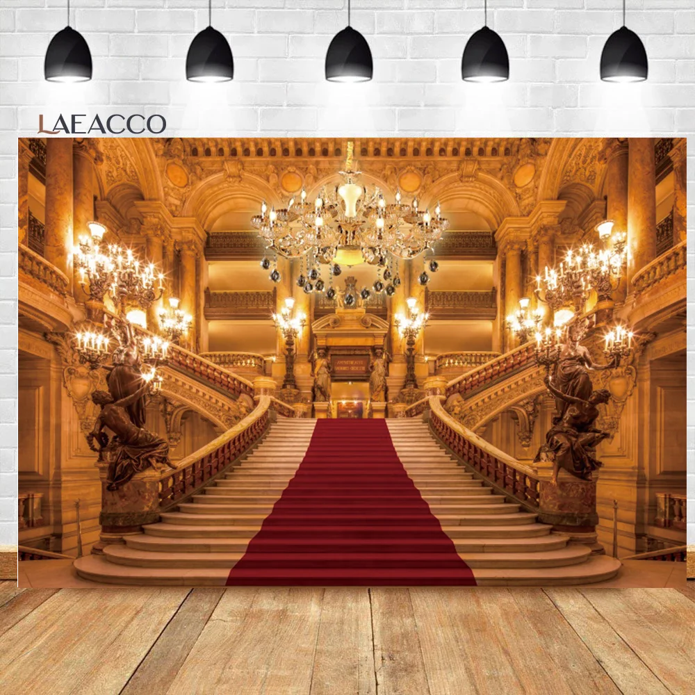 

Laeacco European Luxury Palace Photography Background Goen Castle Interior Staircase Red Carpet Wedding Party Portrait Backdrop