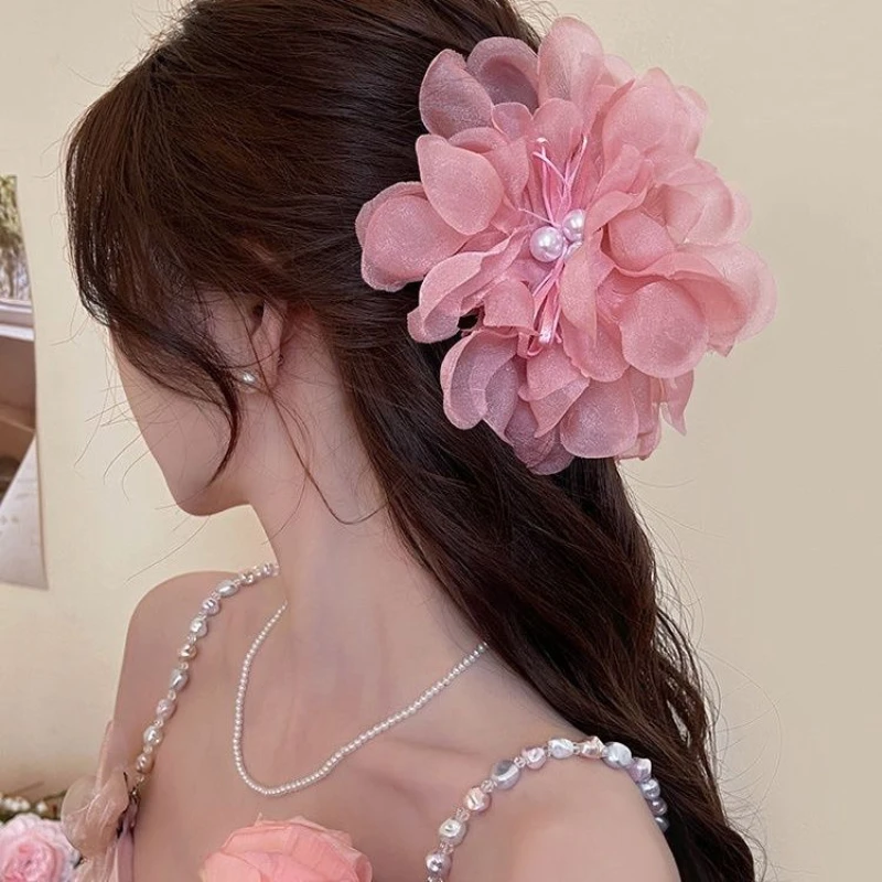 Женская Яркая розовая шифоновая Цветочная заколка для волос девушек