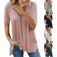 2022 summer new womens casual t shirt solid color v neck zipper loose short sleeved top female lady clothing