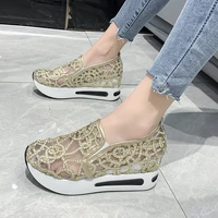 wedge casual shoes woman summer 2022 gold sequin mesh vulcanized shoes rubber sole slip on comfortable female shallow sneakers