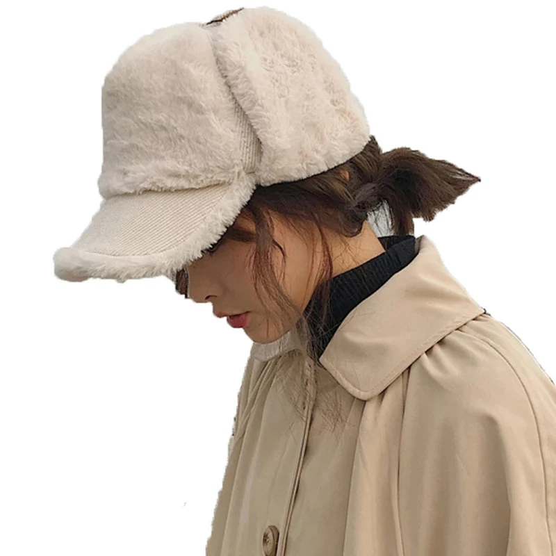 

Female Winter Bomber Hats Women Winter Hat Thick Warm Trapper Earflap Cap Soft Fleece Fashion Snow Ski Russian Cap Women Soft