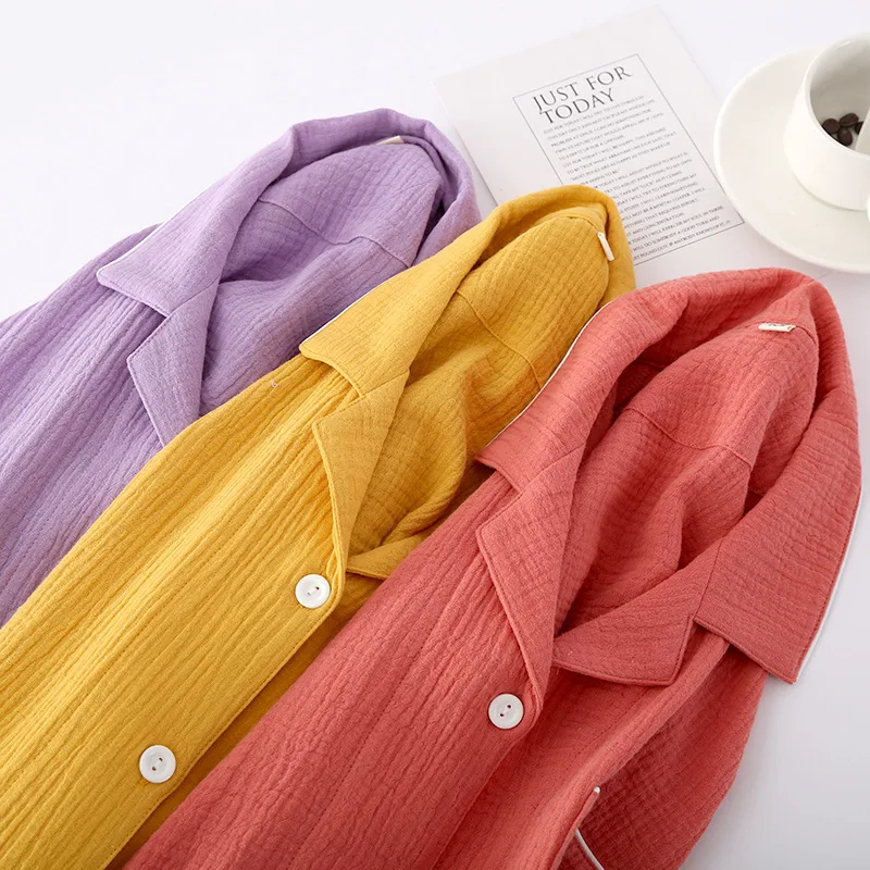 Solid Color Breathable Pajamas Set For Women 100% Washed Crepe Cotton Pyjamas Thin Spring Summer Homewear Sleepwear Loungewear