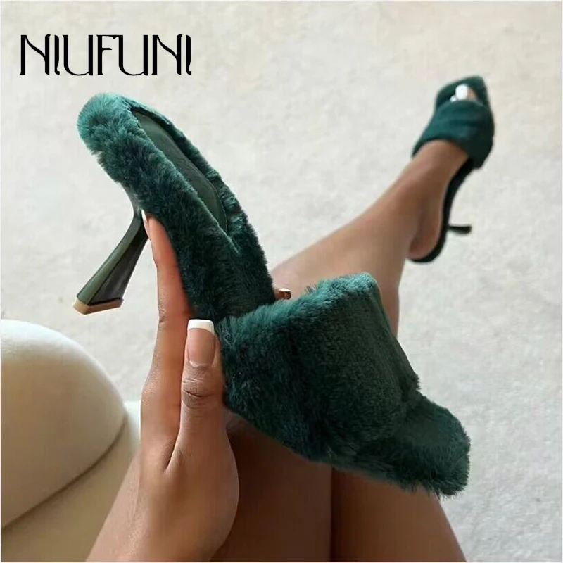 

Summer Square Toe Short Plush Solid Color Thin High Heels Women Slippers Simple Slip On Slides Shoes Soft Muller Shoes Stiletto