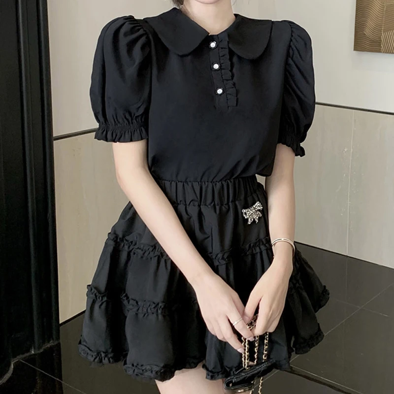 

Solid Color Beautiful Puff Sleeve T-Shirt Doll Collar Female Summer New Temperament Top High Waist Fashion Tutu Skirt Suit