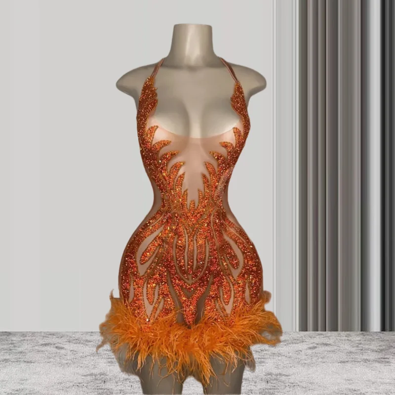 

See Through Crystals African Short Black Girls Prom Dresses Sexy Women Cocktail Dresses Birthday Party Gowns Halter Orange Mini