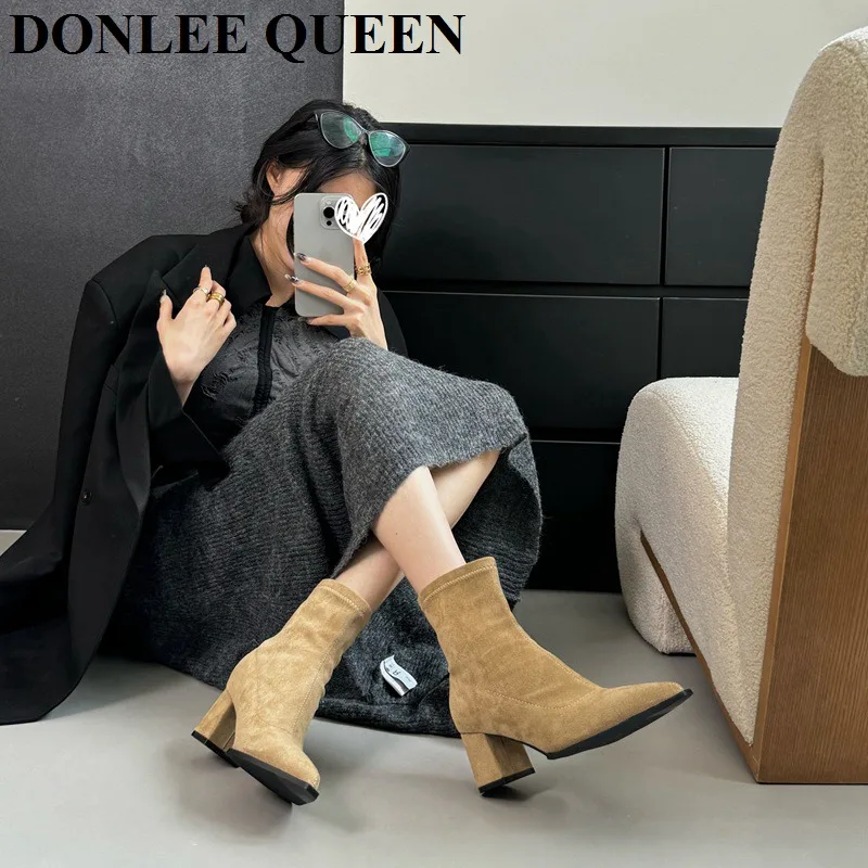 Женские ботинки из микрофибры на толстом каблуке