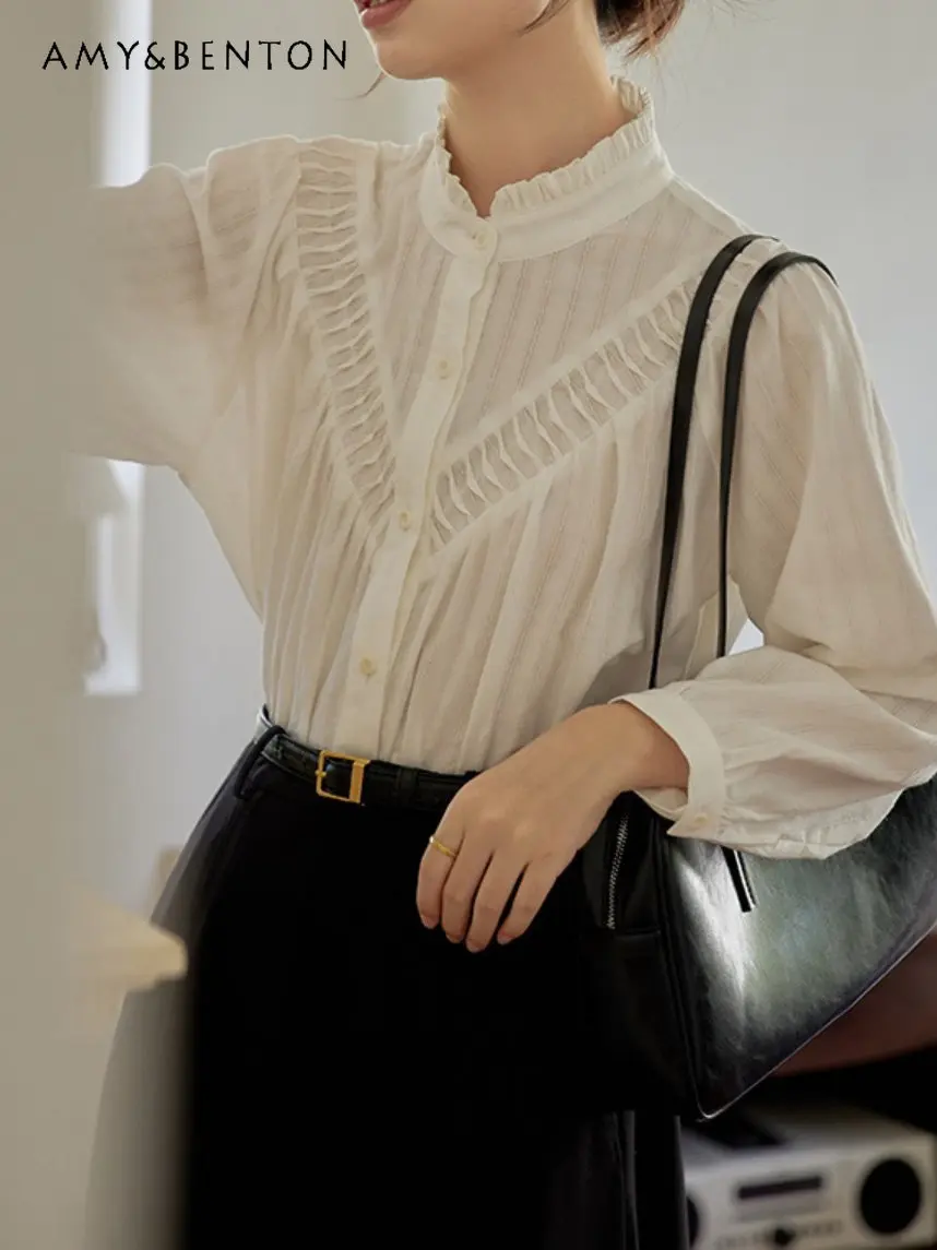 

White Jacquard Shirt Women's Spring Autumn New French Style Loose Tops Retro Stand Collar Long Sleeve Design Blouse Blusas Mujer