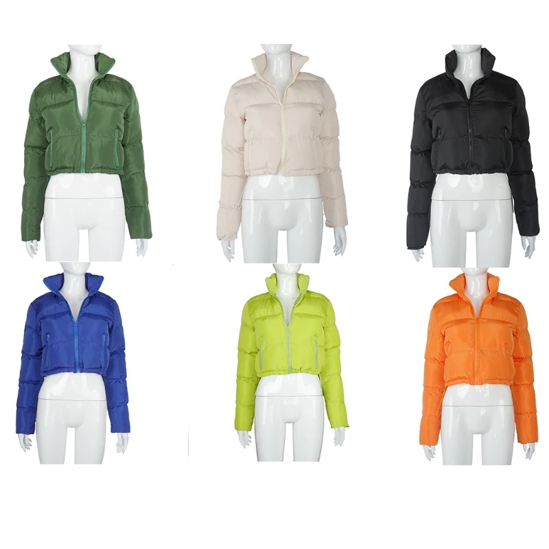 

Women Cropped Puffer for Jacket Long Sleeve Zip Up Quilted Short Bubble Coat Drawstring Hem Slim Parkas Outwear with Poc