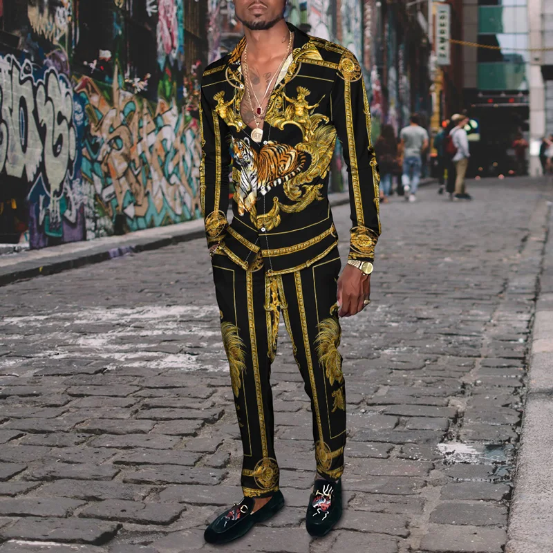 Spring Men's 3D Retro Harajuku Long-Sleeved Shirt With Trousers Two-Piece Set Sportswear Spring Style Male Shirts Casual Pants