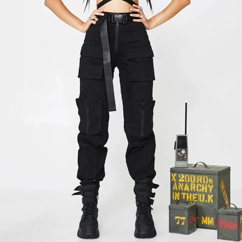 

Sweetown Black Cargo Pants Women Fashion 2020 Pockets Patchwork Hippie Trousers Fake Zipper Woven High Waist Streetwear Pants