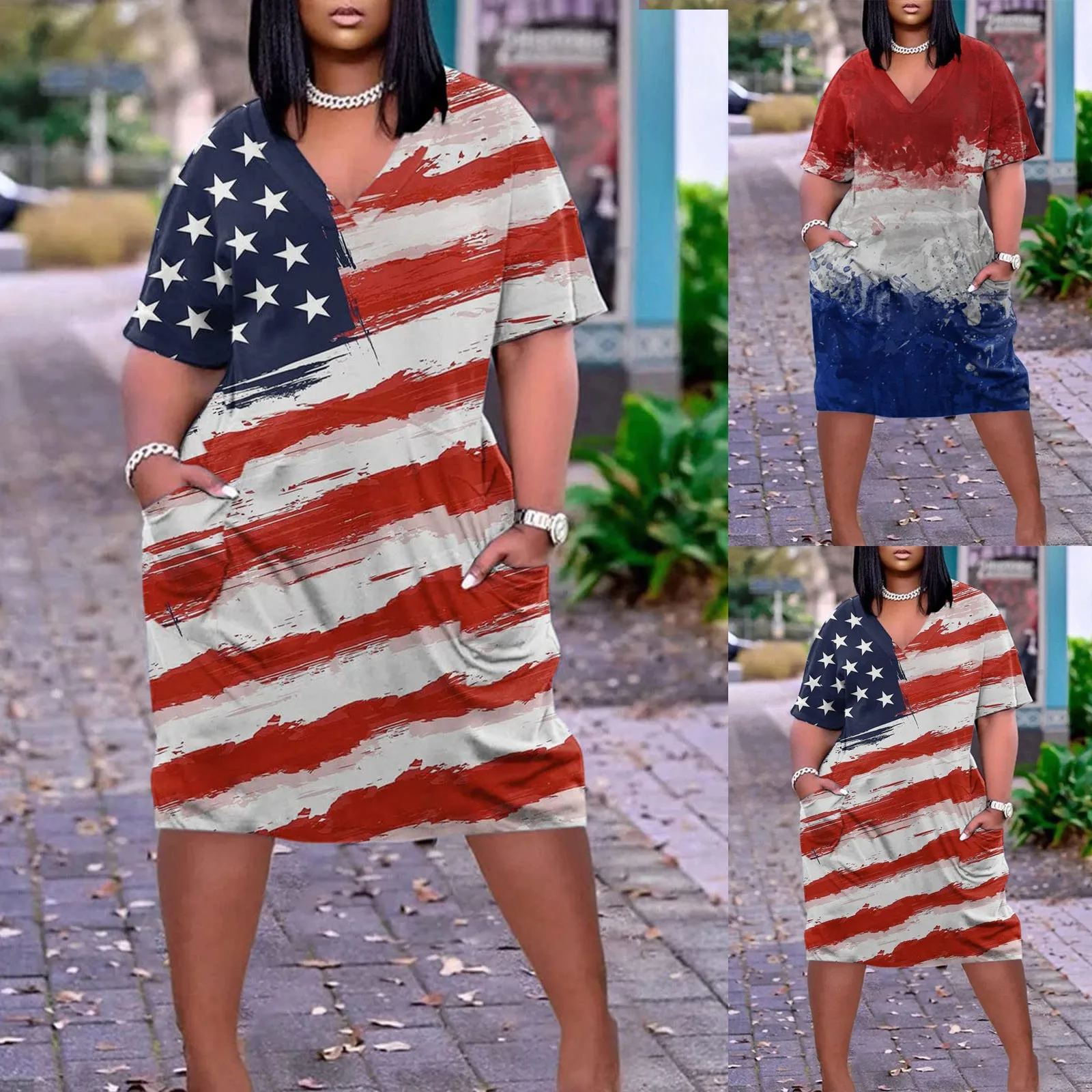 

Женское платье с V-образным вырезом, Элегантное повседневное платье с коротким рукавом и принтом на День Независимости, лето 2022