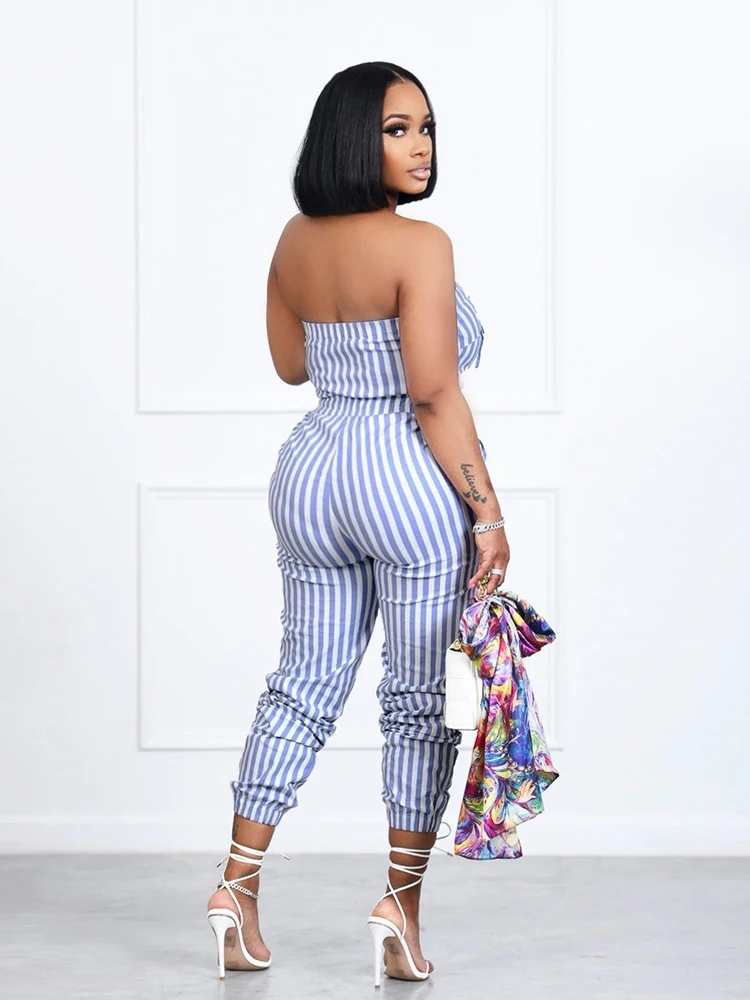 Women Striped Jumpsuits Sleeveless Backless Sexy Clubwear Straight Rompers Lady Pocket Pencil Pants 2022 New Overalls Playsuits