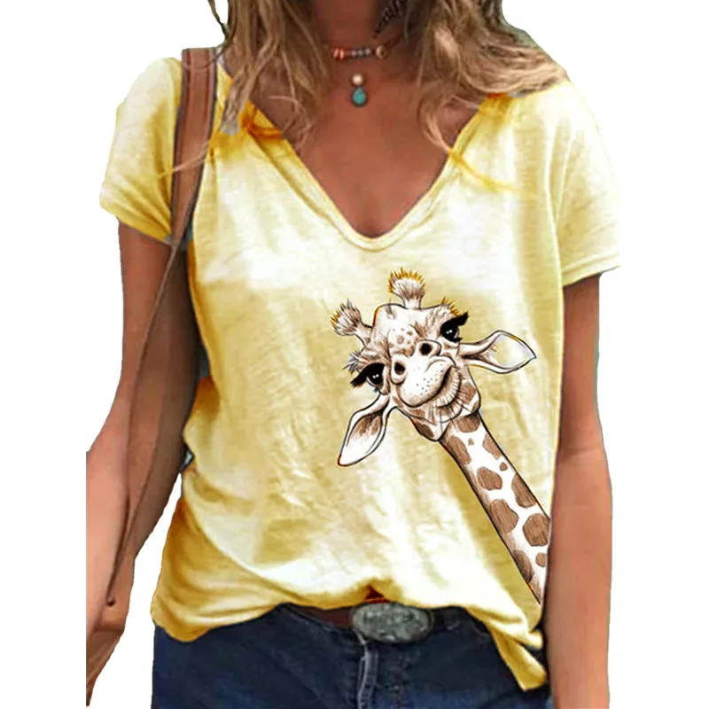 

Plus Size 3XL T-shirts Women 2022 Deer V-Neck Short Sleeve T-shirt Casual Loose Cotton Female T-shirt Oversized Clothes