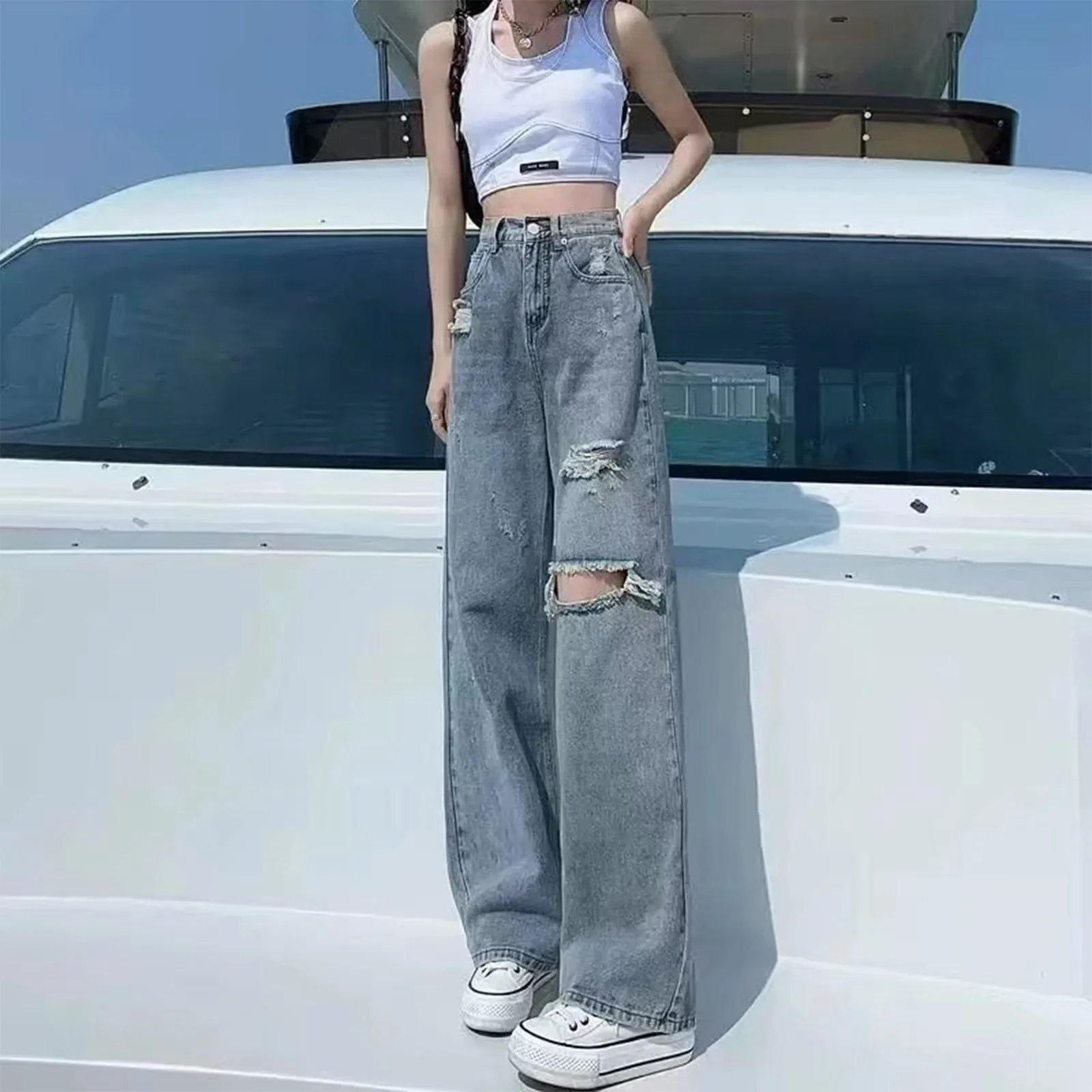 Ripped Denim Trousers Fashion High Waist Jeans Wide Legs Pants Elegant Straight Leg Woman Trousers Appears Thin Pantalones