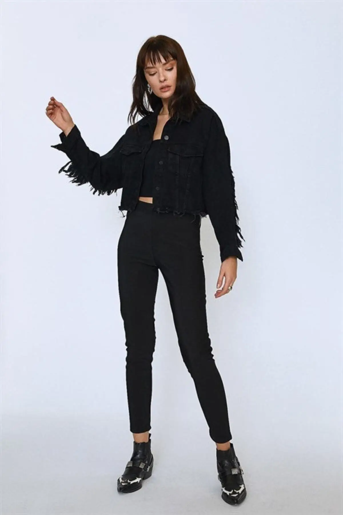 

Women's Fashion Denim Jacket Coat Black Tassels Daily Short Oversize Jeans Jacket
