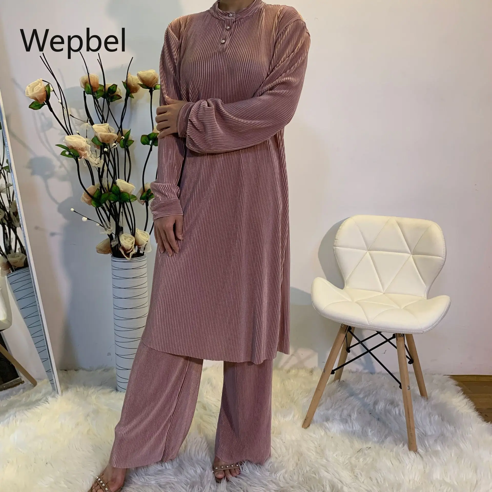 

Weppel Arab Simple Plain Pleated Muslim Women's Two-Piece Suit Solid Color Tops High Waist Pants Islamic Women Sets Outfits