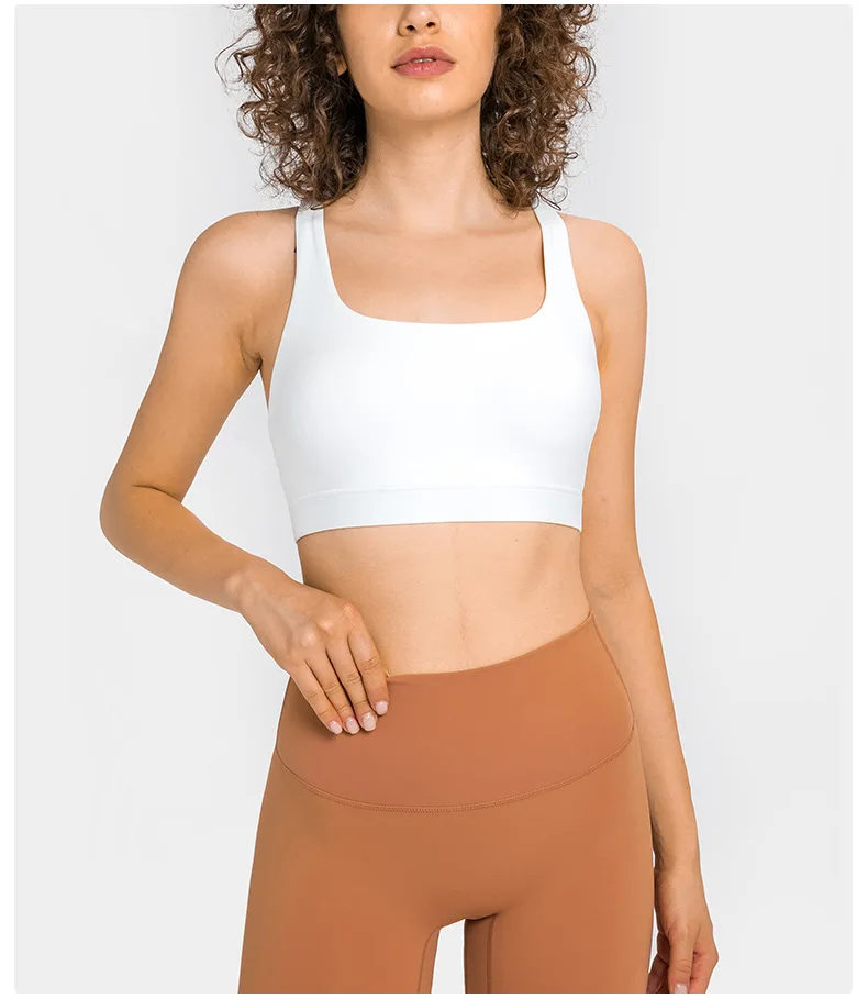 

Women Solid Color Sports Bra Cross-Strap Back Three-Row Buckle Shockproof Training Fitness Top