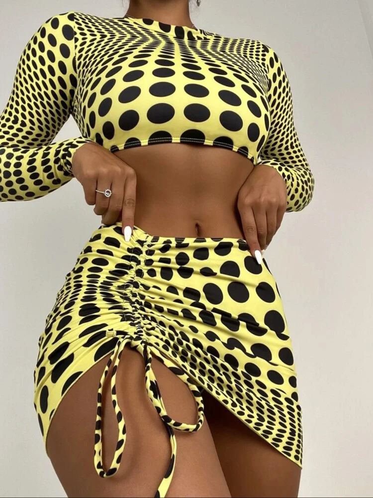 

Polka Dots Print Yellow 3 Piece Bikini Set Padding Long Sleeve Crop Top and Drawstring Skirt Cover Up Swimwear Women Summer Suit