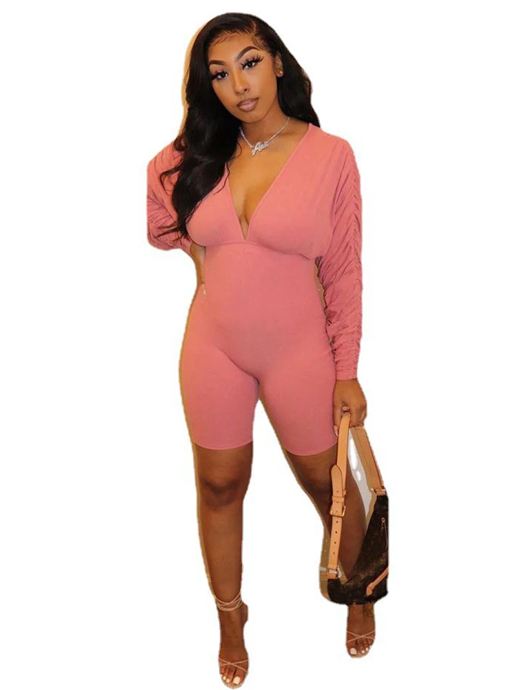 

High Street Pink Fitness Rompers Womens Bodysuits Elegant Fashion Plunge V-neck Ruched Long Sleeve Empire Waist Biker Playsuits