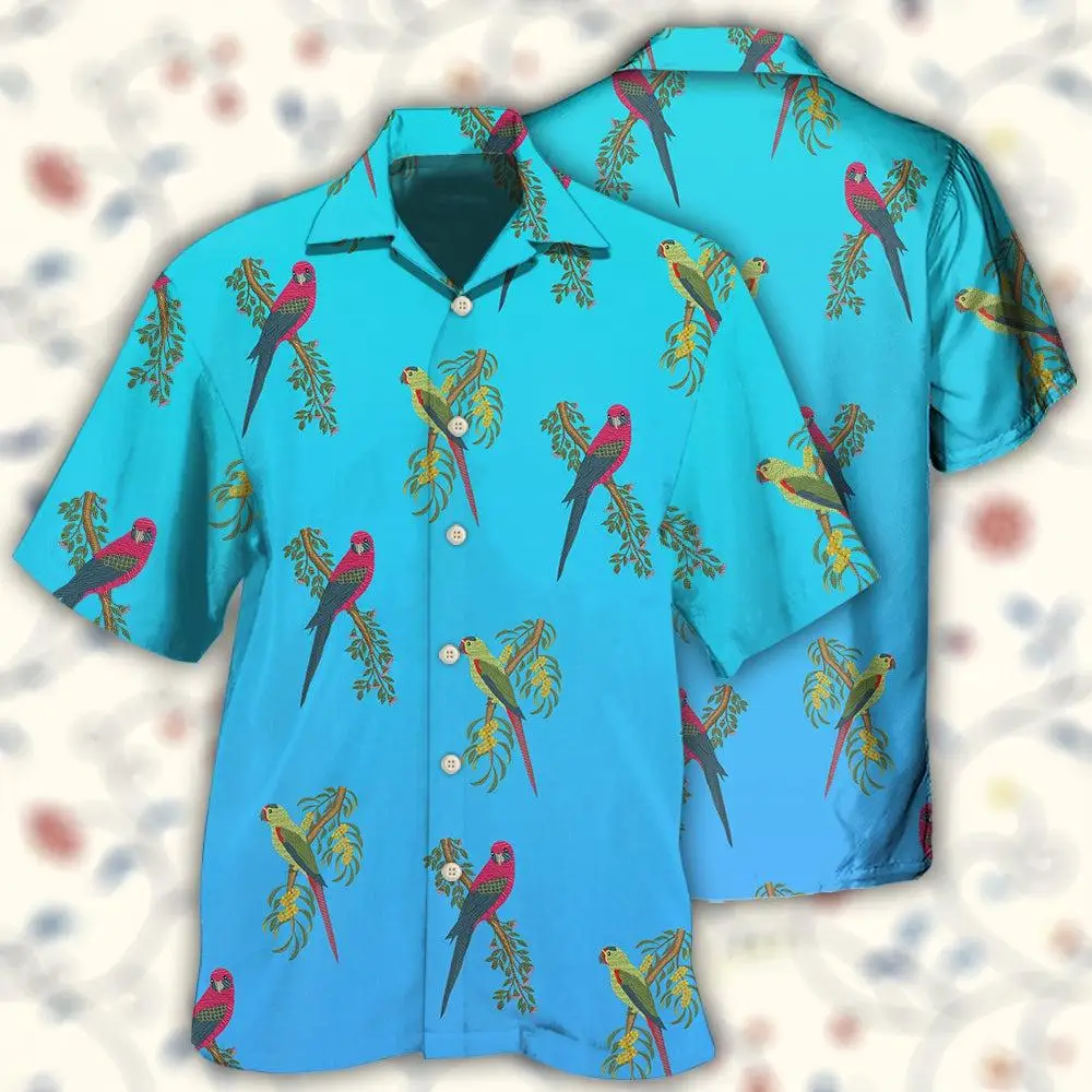 

New Men Blue Shirts Parrot 3D Print Hawaii Summer Vacation Cool Tops Cuban Collar US Size for Men Party Wear