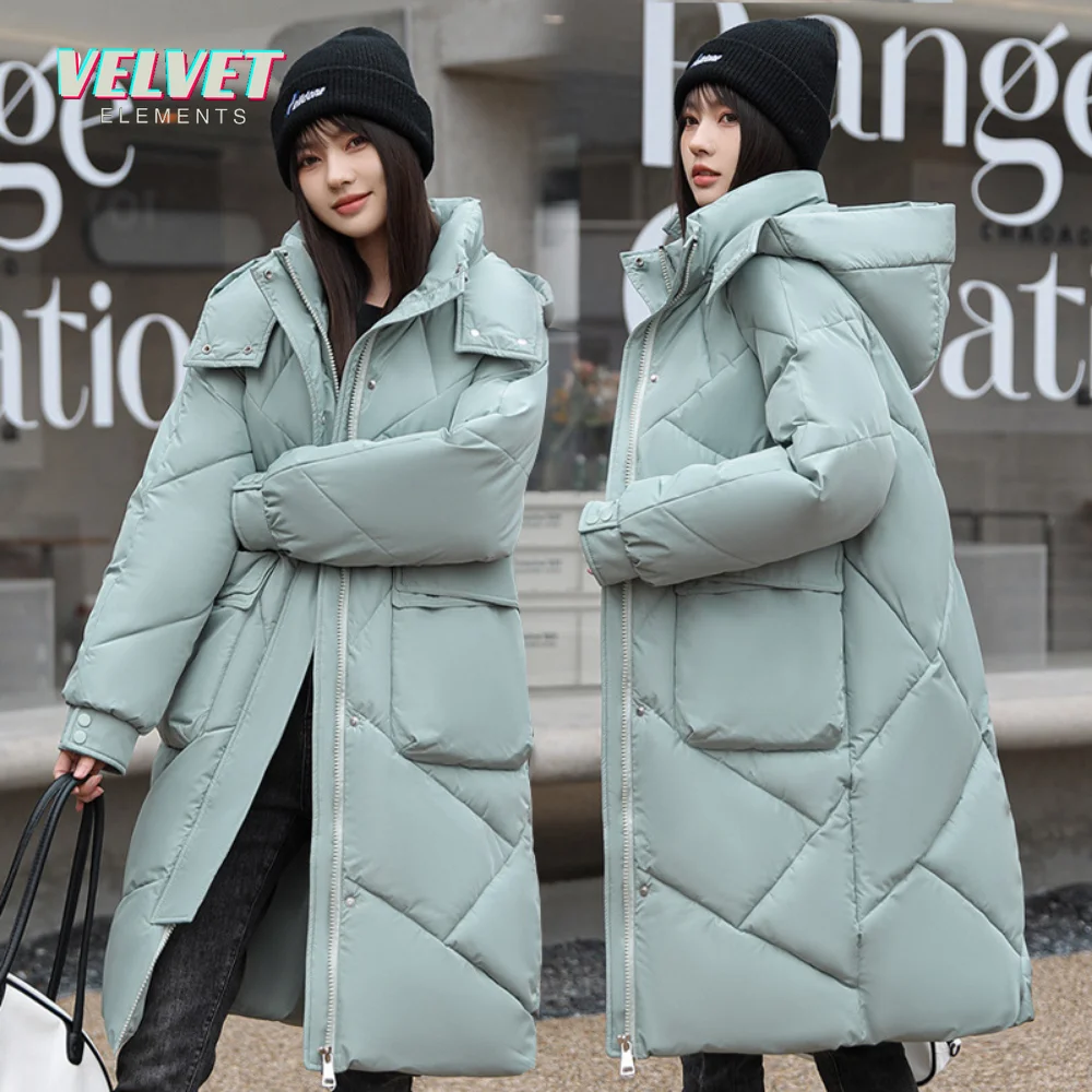 VE 2023 Snow Wear Warm New Solid Winter Coat for Women Down Jacket Warm Casual Loose Hooded Winter Women Jacket Long Parkas