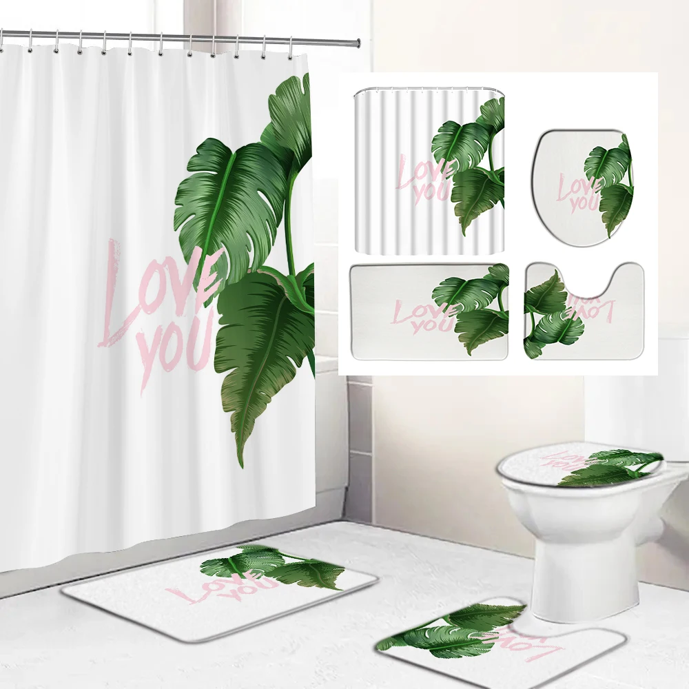 

Tropical Plant Banana Leaf Shower Curtain Set Bathroom Decor Waterproof Curtains Pedestal Rug Toilet Lid Cover Bath Mats