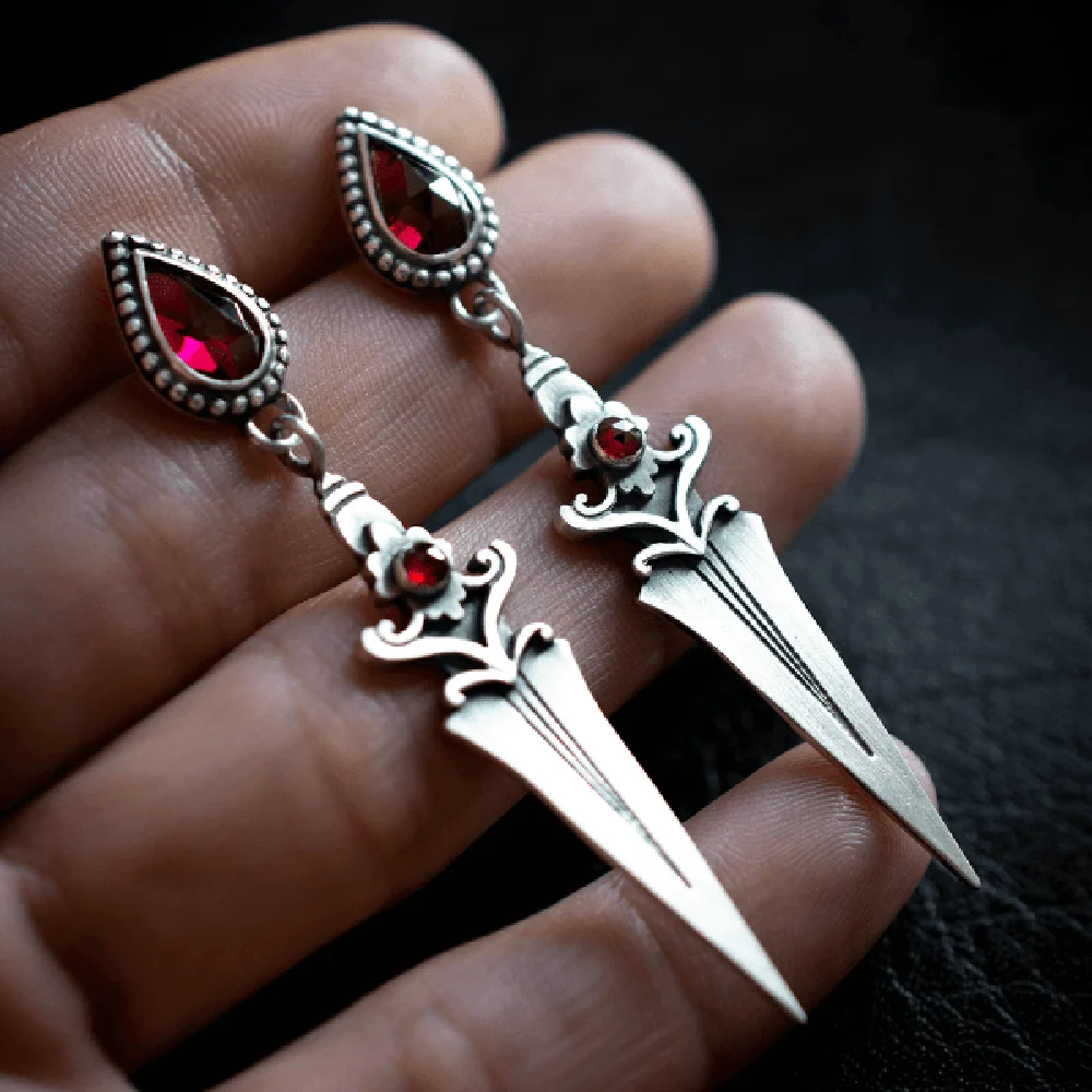 

2023 New Sword Waterdrop Red Stones Dangle Earrings for Women Vintage Personalized Piercing Ear Drop Fashion Party Jewelry Gifts