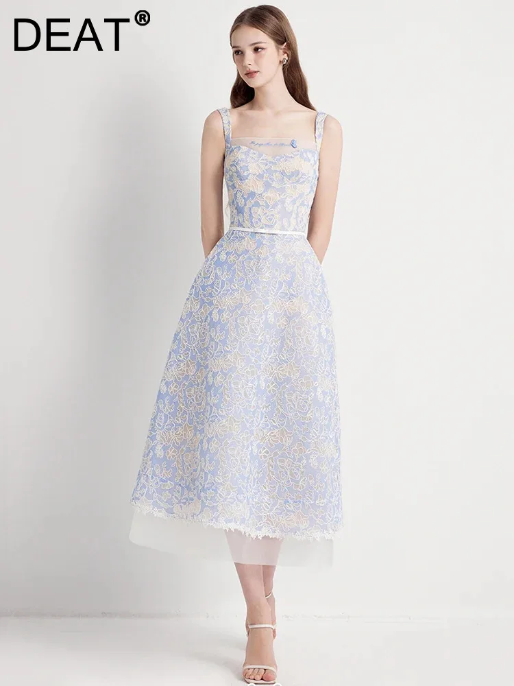 Женское кружевное платье-трапеция DEAT элегантное Сетчатое платье составного кроя