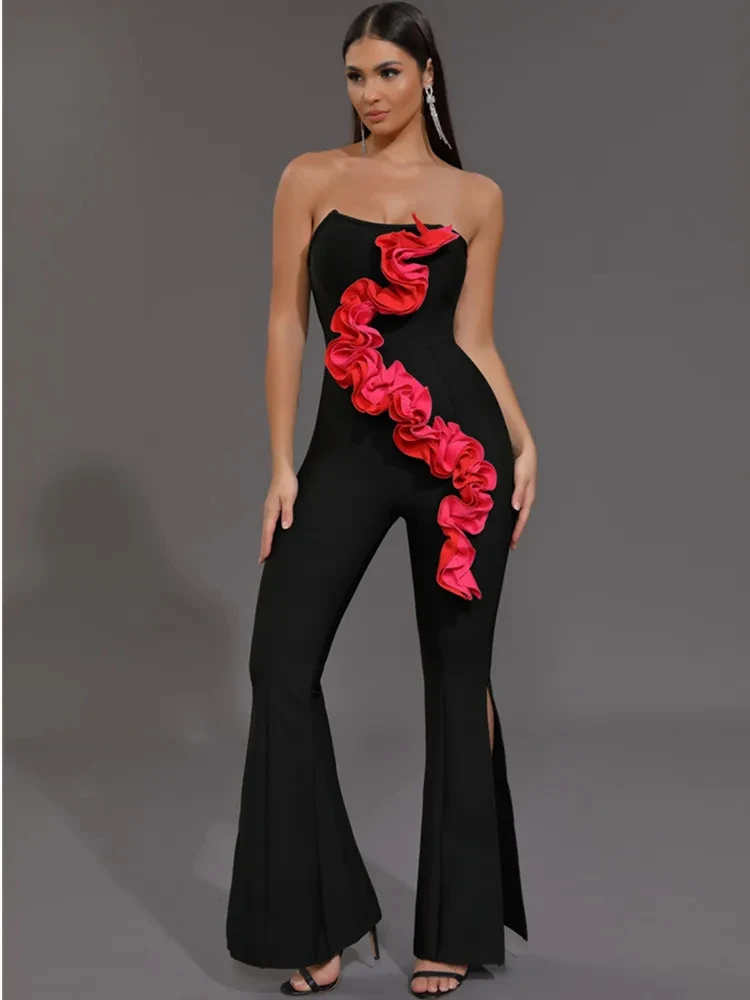 Женский Облегающий комбинезон без бретелек черный облегающий с оборками в стиле