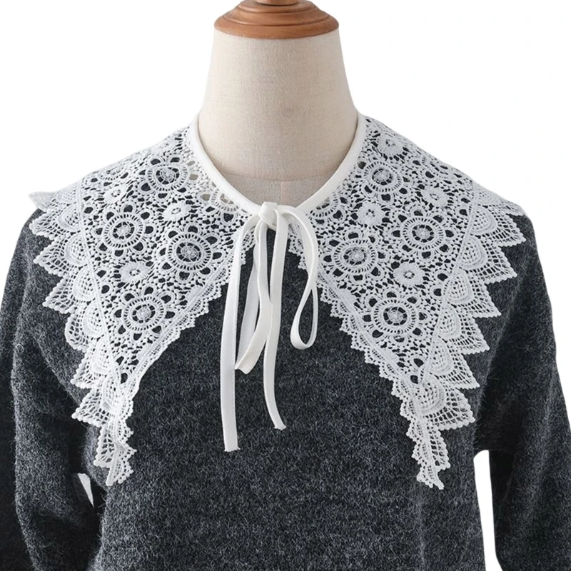 

Women Lightweight Detachable Faux Collar Embroidery Circle Floral Shawl Scarf Triangular Neckline Ribbon Poncho Capelet