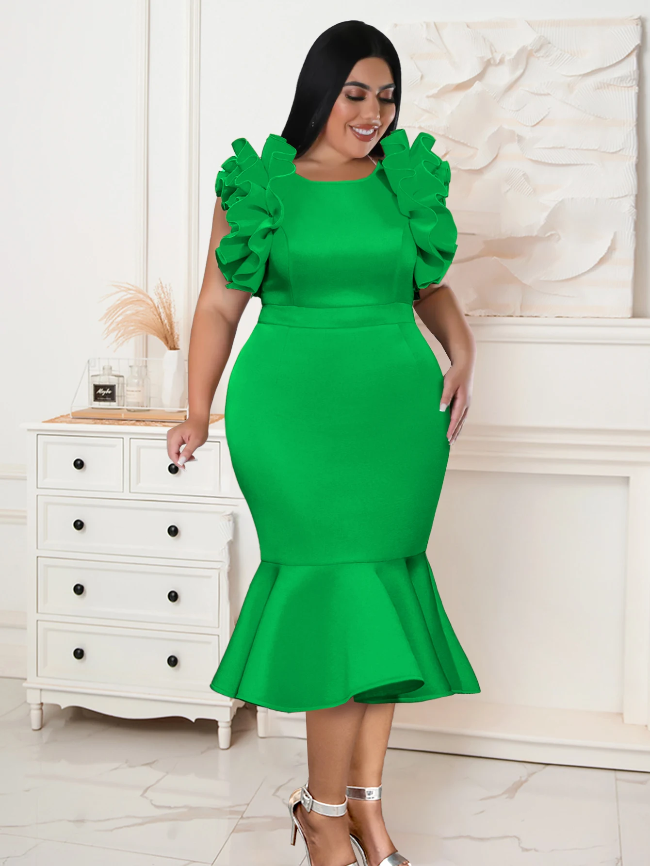

Green Midi Dresses Plus Size Ruffles 4XL Sleeveless O Neck Empire Evening Cocktail Party Gowns for Women Birthday Event Occasion