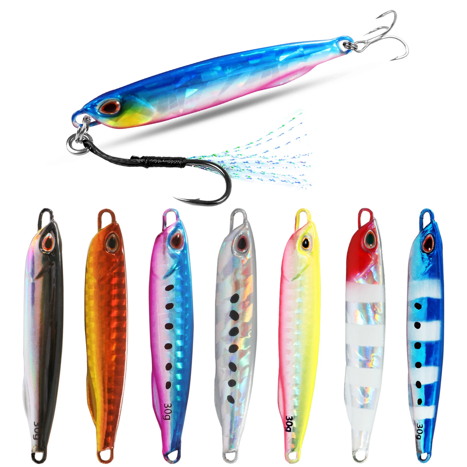 Metal Lures Jig Spoon Cast 3D Eye Fish Hook Artificial Bait Minnow Pencil Lure Luminous Swimbait Holographic River Ocean Fishing
