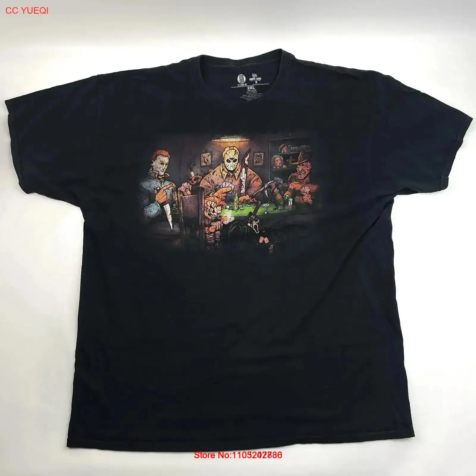 Фото Футболка мужская черная Slashers Playing Poker By Get Down Art Horror, размер 2XL, винтажная, мягкая, комфортная, повседневная №1