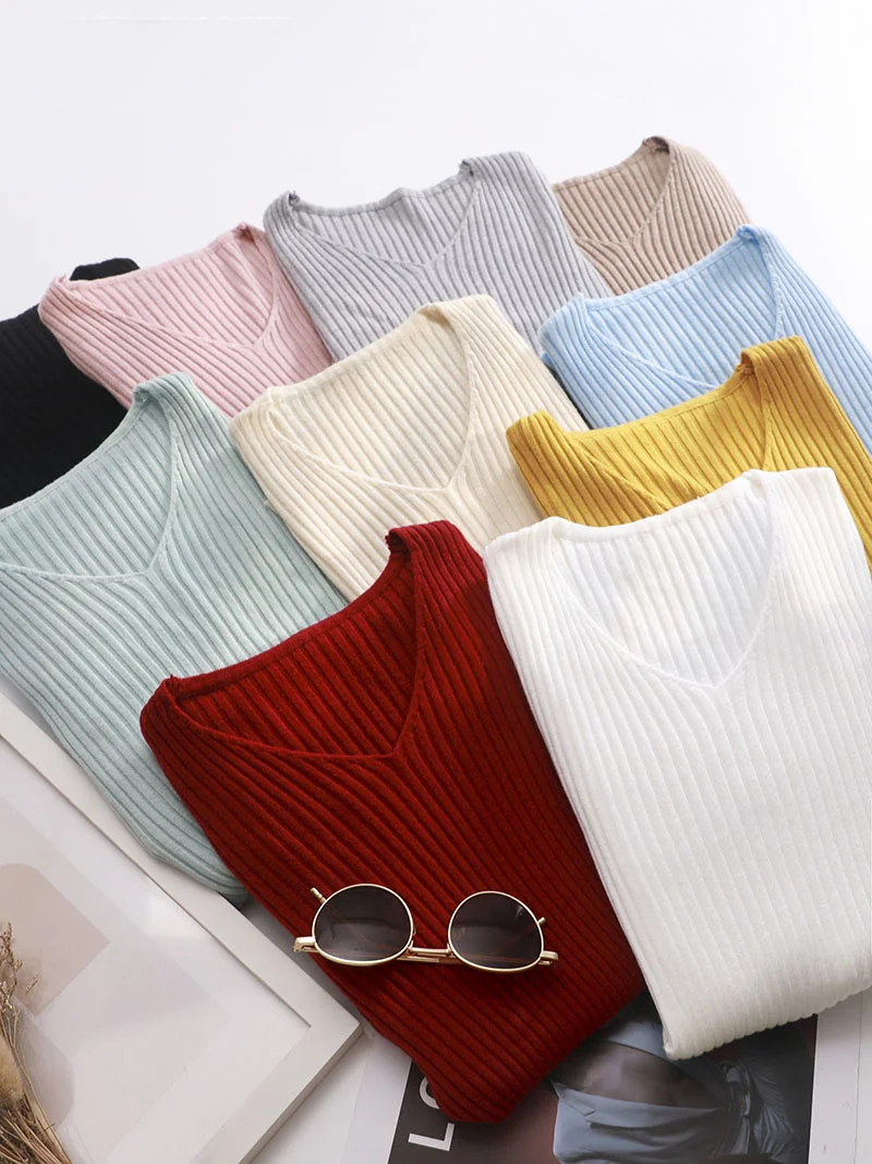 

basic v-neck solid autumn winter Sweater Pullover Women Female Knitted sweater slim long sleeve badycon sweater cheap